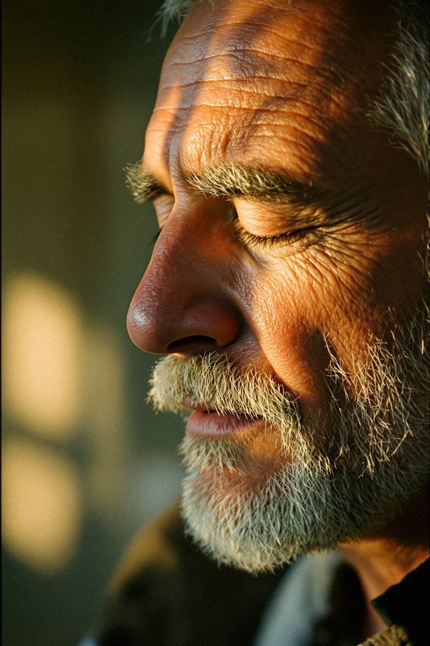 An older man, eyes closed, in warm morning light
