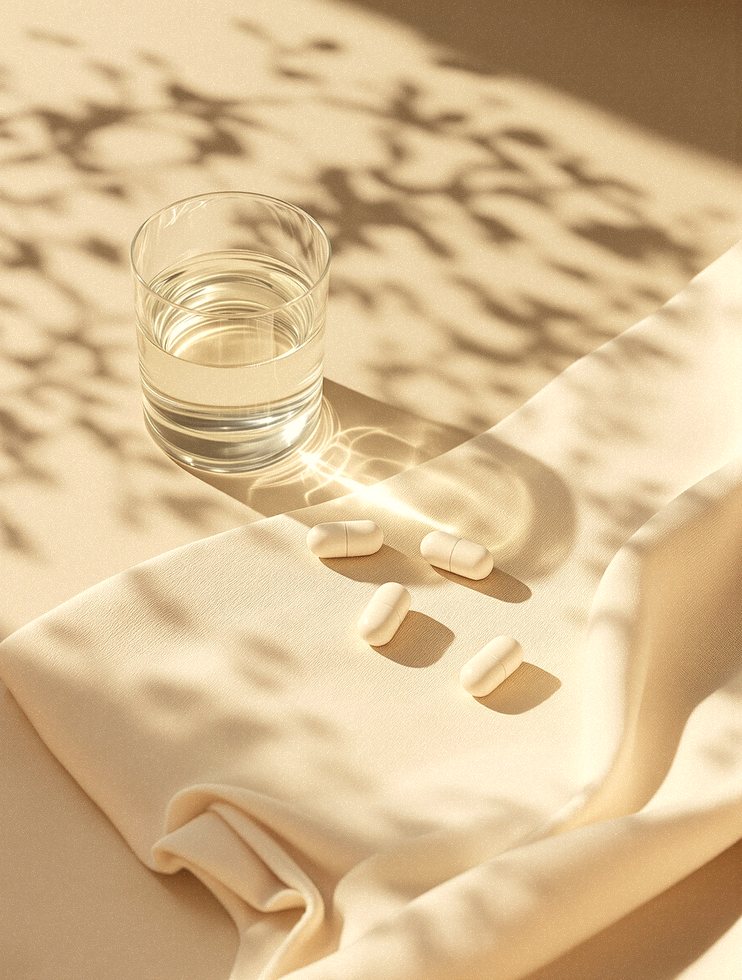 The Perennial morning ritual: a glass of water and capsules on linen